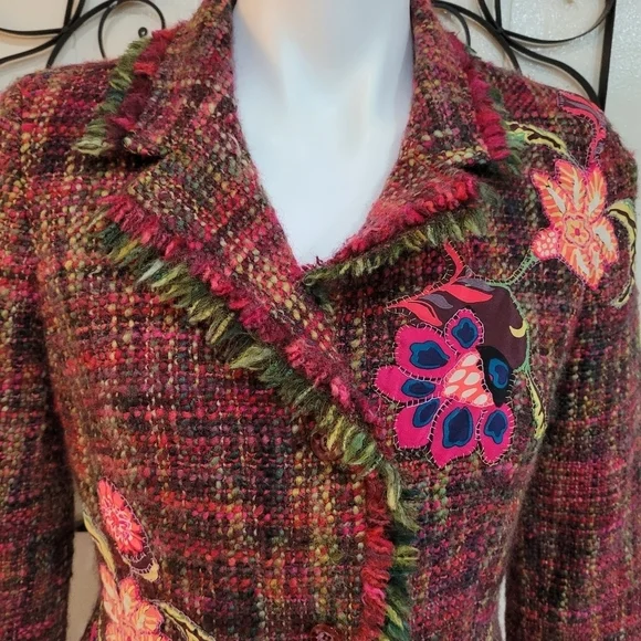 Floral Plaid Wool Blend Women's Blazer Size10 Fringe Classic Jacket - Picture 4 of 15